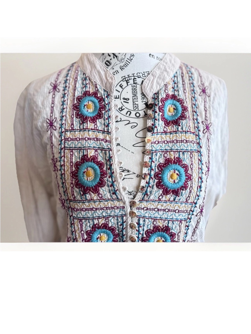 Johnny Was 3J Workshop embroidered striped floral boho prairie button down top M - Picture 2 of 12